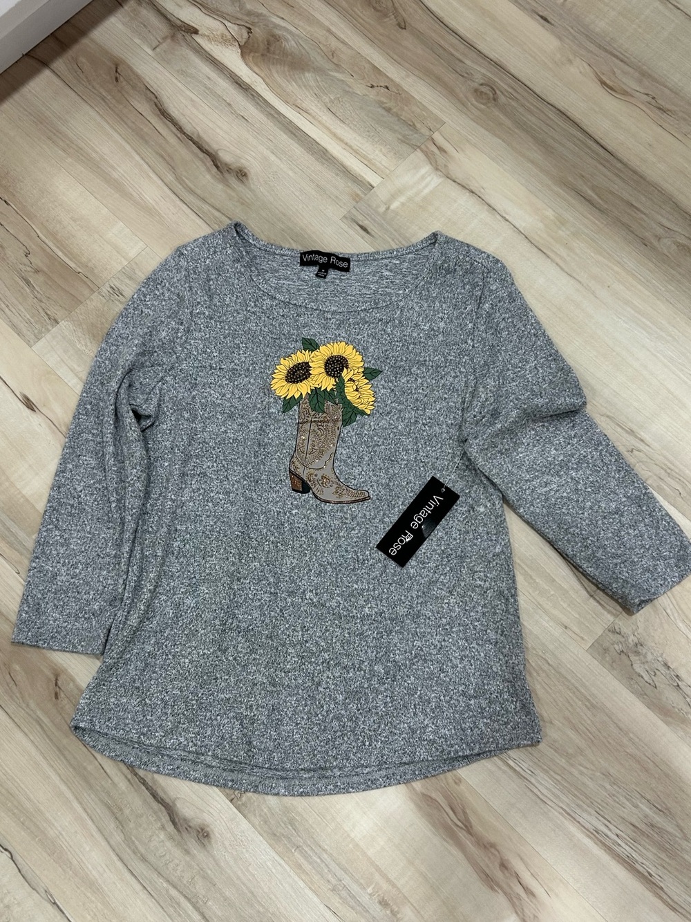 Vintage Rose Gray Sunflower Cowboy Boot Pullover